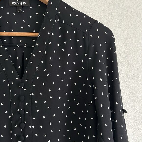 Express Black Semi Sheer Blouse Polka Dot White Leaves Size XXS Career Classic - Picture 4 of 16